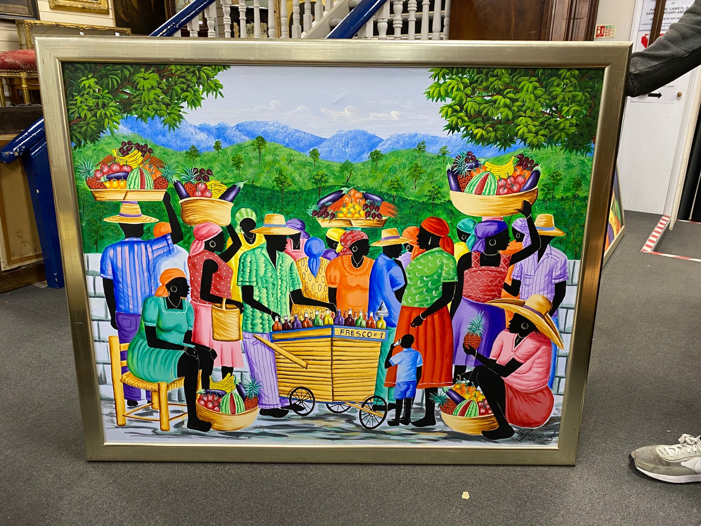 Le Franc (Haitian School), oil on canvas, Market scene with refreshment cart, signed, 99 x 124cm